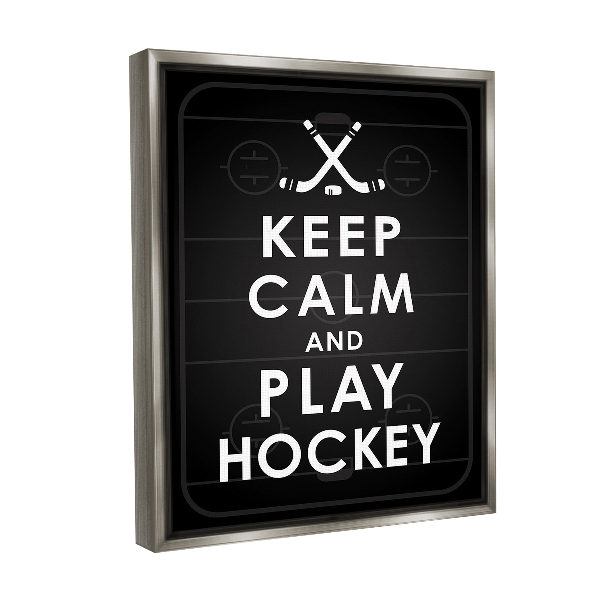 Stupell Industries Keep Calm & Play Hockey Sports Painting Gray Floater Framed Canvas Art Print Wall Art, 25 x 31