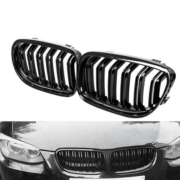 Car Carbon Fiber Glossy Black Double Slat Front Kidney Grille Grill for- E90 E91 3 Series 2009-2011