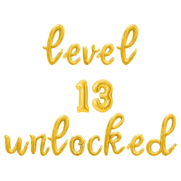 Cursive Script Letter Balloons - LEVEL 13 UNLOCKED 16" Inch Alphabet Letters Foil Mylar Balloon 13th Birthday Party Banner (Gold)