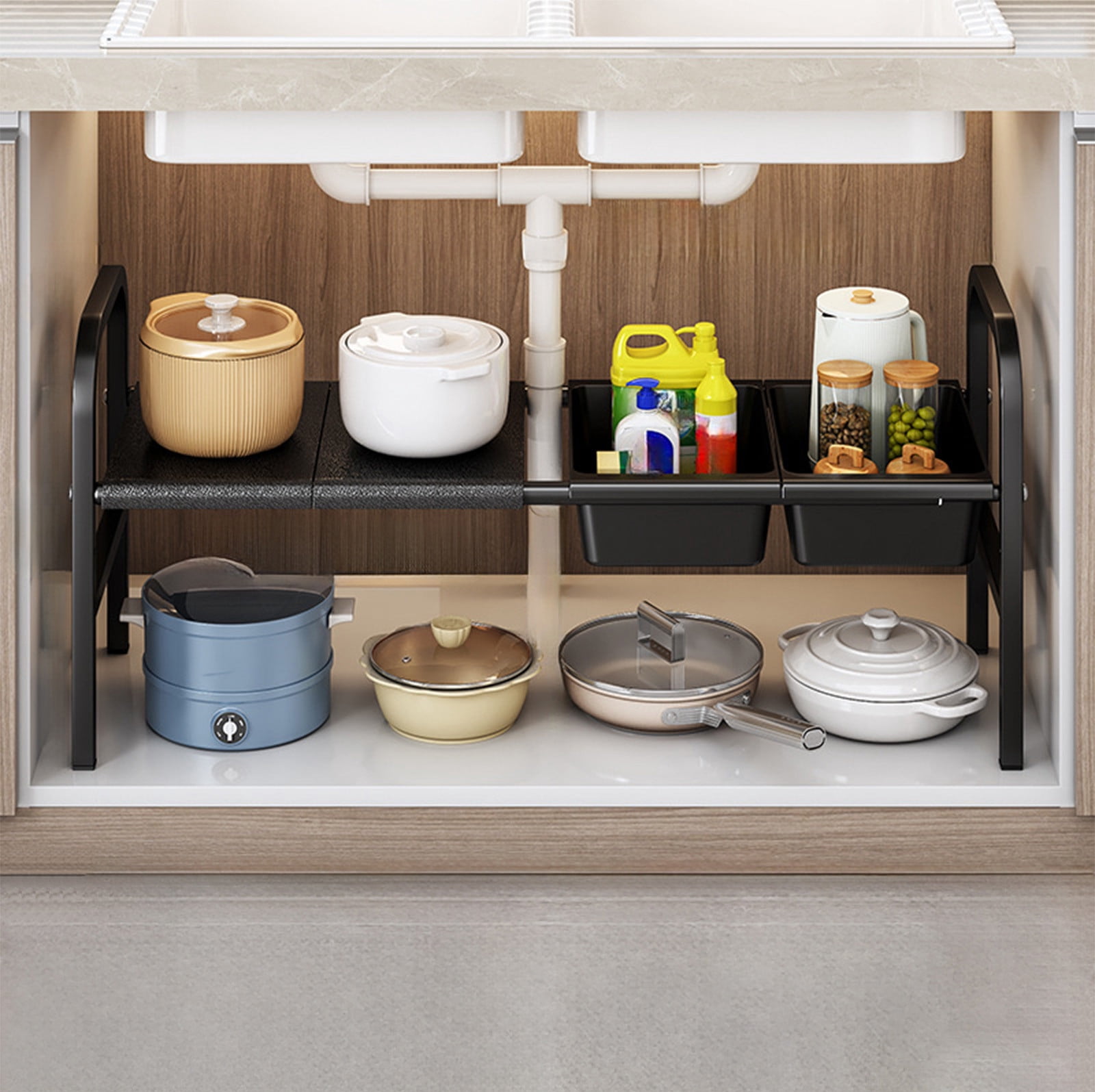 Expandable Under Sink Organizer, with Removable 2 Baskets and 2 Panels for Cabinet Sink Cloakroom Wardrobe Closet Storage(Black)