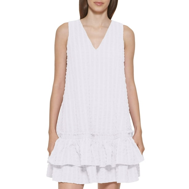 Calvin Klein Women's Sleeveless Dress with Side Pleated Ruffle, White, 10