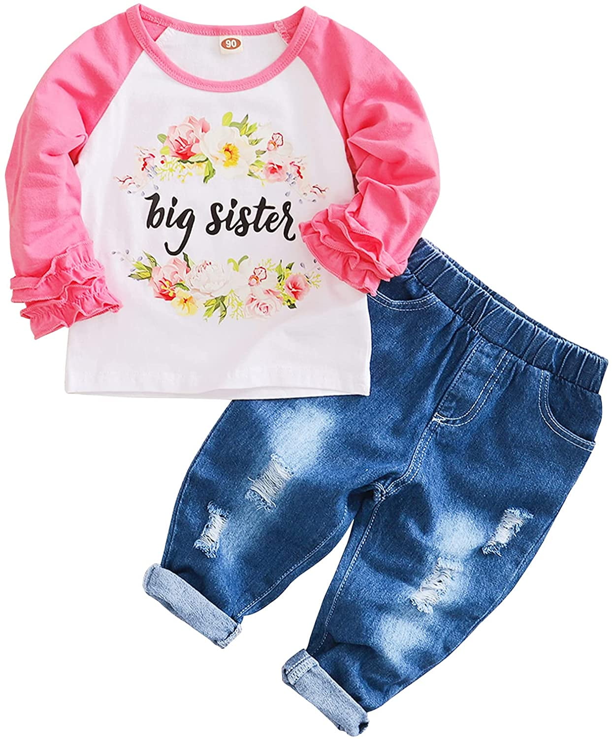 ZOELNIC Baby Girl Big Sister Floral Ruffle Long Sleeve Shirt Top+