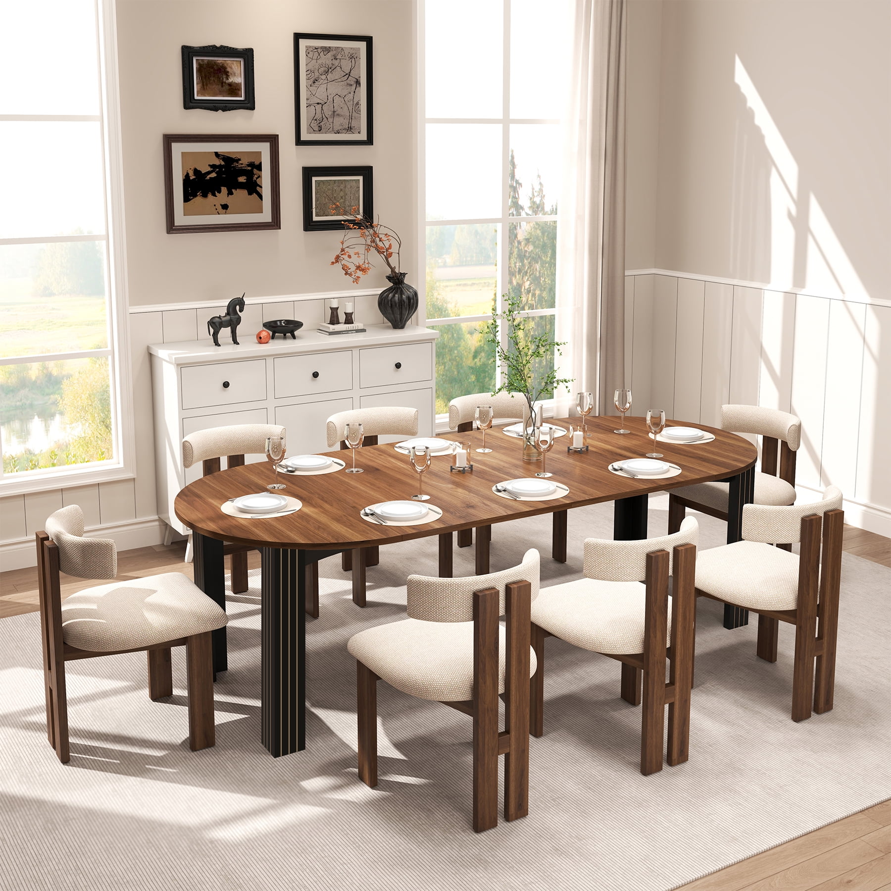 43-78 Inch Extendable Dining Table for 6-8 People, Modern Farmhouse Wood Kitchen Table with Oval Wooden Top and 2 Removable Leaves for Living Room, Breakfast, Restaurant, Dining Room(Walnut)