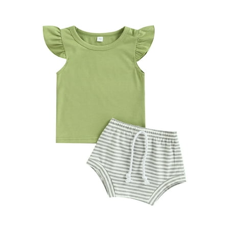 

xkwyshop 2Pcs Newborn Baby Girls Casual Outfits Sun Print/ Solid Color Fly Sleeve Round Neck T-shirt Loose Shorts Summer Set