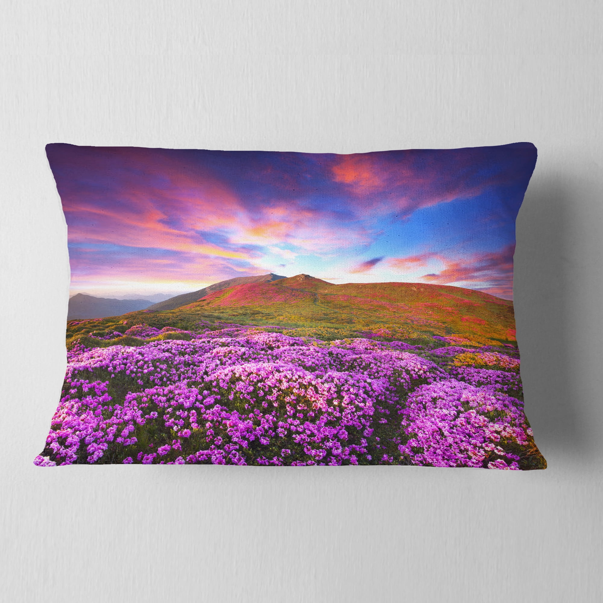 Designart Magic Pink Rhododendron Flowers - Landscape Printed Throw Pillow - 12x20