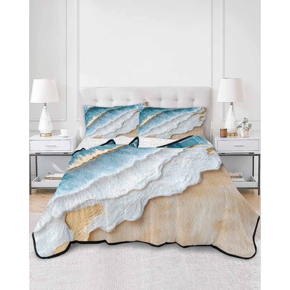 Quilts King Size, Coastal Beach Soft Comforter Bedding Set for Bed, Nautical Ocean Blue Beige Seaside Lightweight Quilted Bedspread with Pillow Cover(2 Pieces) for All Season, 96x106 Inch