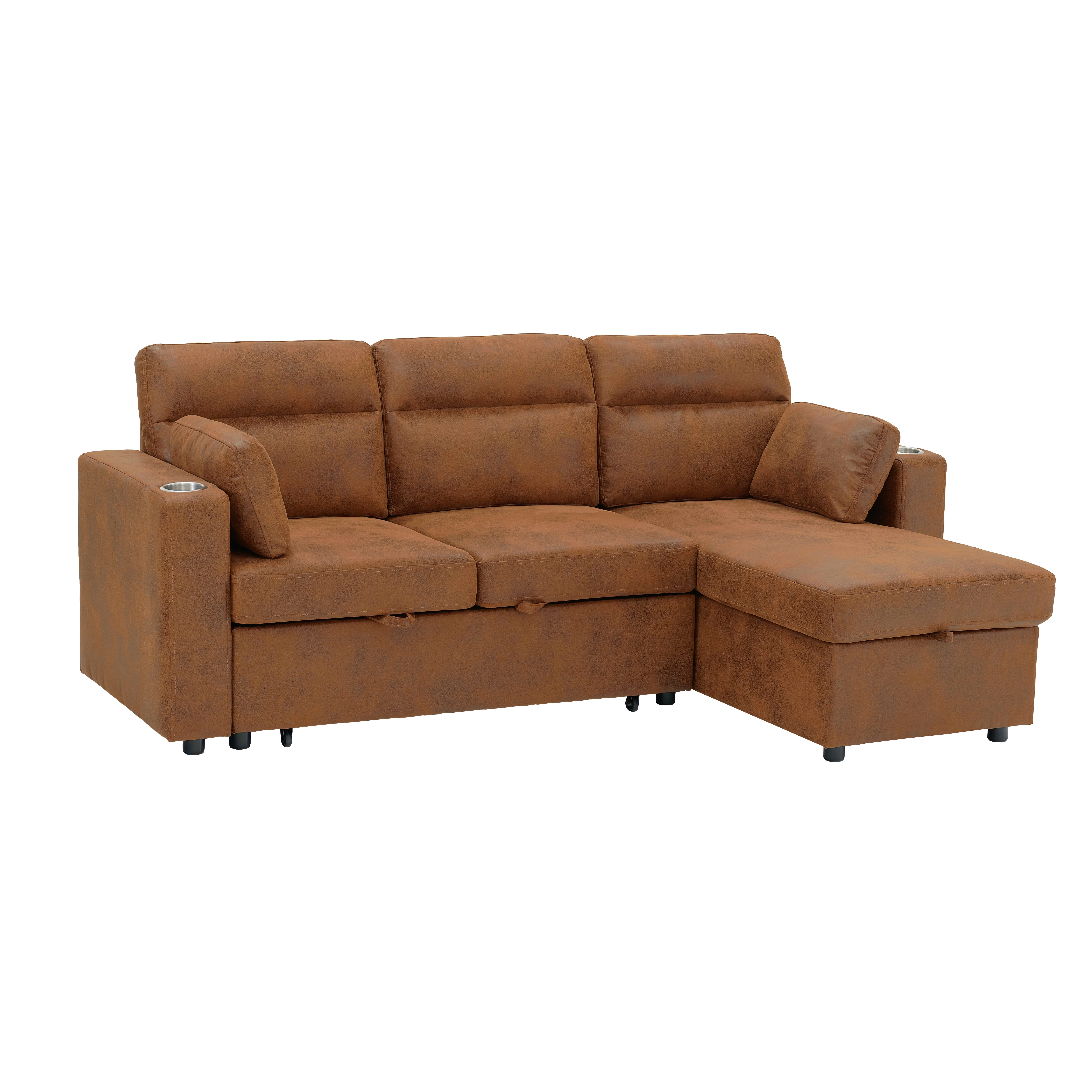 MAYEERTY 82.5 Inch L‑Shaped Pull‑Out Sectional Sofa Bed, Convertible Sleeper Couch with Storage Chaise, Cup Holders & 2 Pillows for Apartments