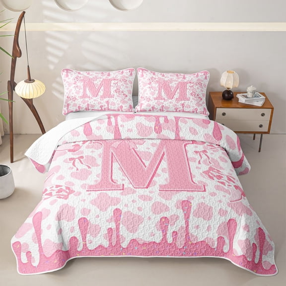 jejeloiu Cute Western Cowgirl Boots Twin Quilt Set For Girls,Pink Coquette Bowknot Alphabet M Twin Coverlet Set For Kids,2pcs