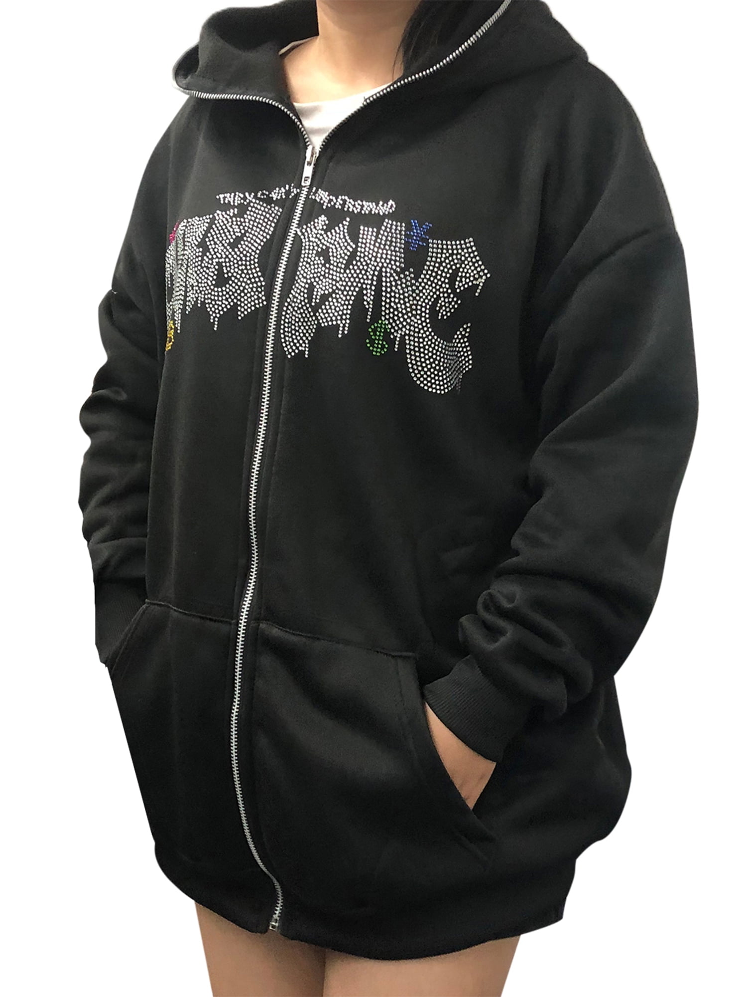 Women Men Rhinestone Hoodie Y2k Graphic Zip Up Unisex 