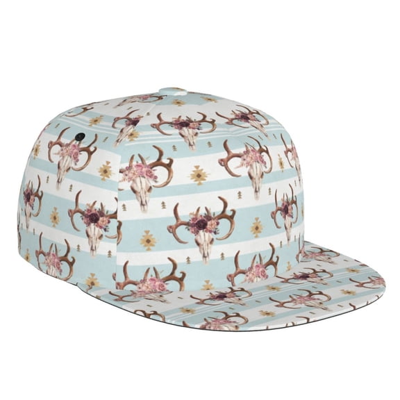 Flat Bill Trucker Hats for Women Men - boho floral deer skull Indian Adjustable Flat Baseball Cap Snapback Hats Dad Hats for Men