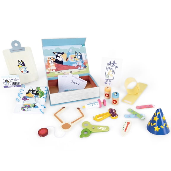 Bluey: Wooden Hospital Playset - 20pc Doctor Accessory Toy Kit, Syringe-Scissors-Thermometer-X-Ray Paper, ID & Clip Board, Medical Roleplay, Kids 3 