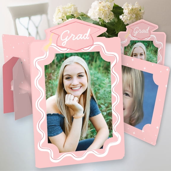 Big Dot of Happiness Pink Graduation Party Paper Photo Frames, 4x6 Picture Display Holders, Table Centerpiece Decorations – Set of 12