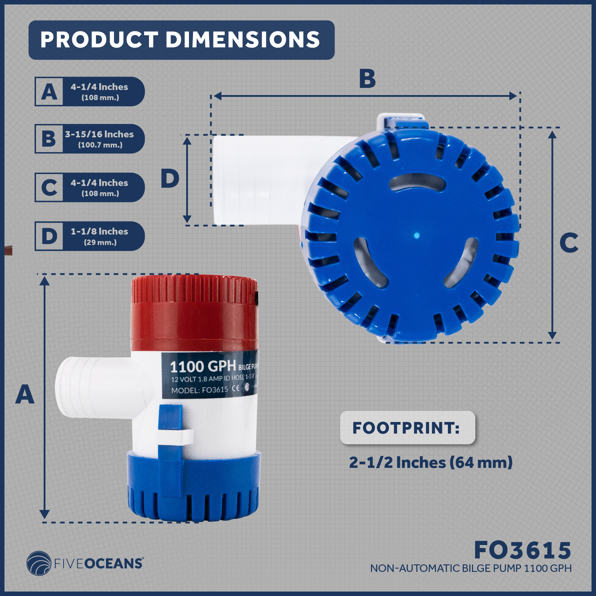 Five Oceans 1100 GPH / 4164 LPH Bilge Pump, 12-Volts, 1-1/8-Inch (29mm) Interior Diameter Hose, 41-Inch 14-Gauge Wire - FO3615