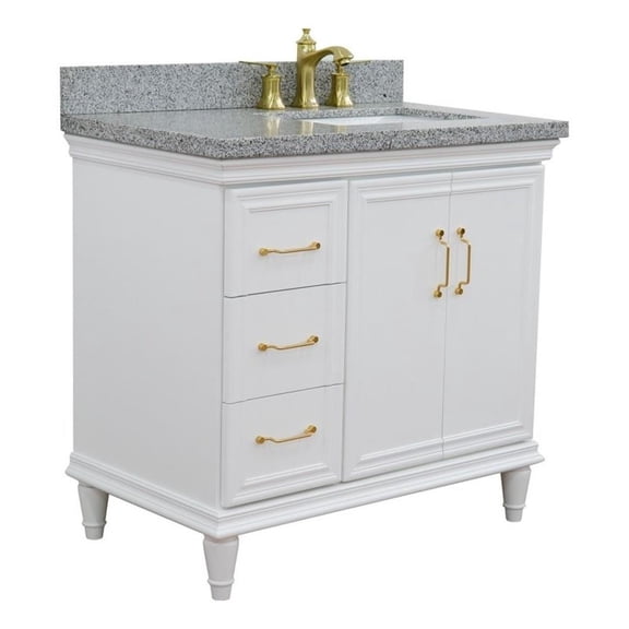 37 in. Single Wooden Vanity  White Gray Granite Rectangle Right Door.Right Sink