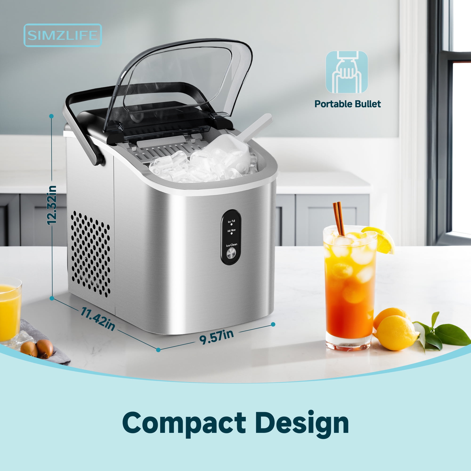 Simzlife Countertop Ice Maker with Handle,Portable Ice Machine with Basket and Scoop, 9 Bullet Ice In 6 Mins, 26Lbs/24H, Self-Cleaning