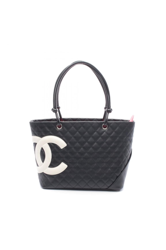 Pre-Owned CHANEL Cambon Line Large Tote Bag, Leather, Women's, Black and White
