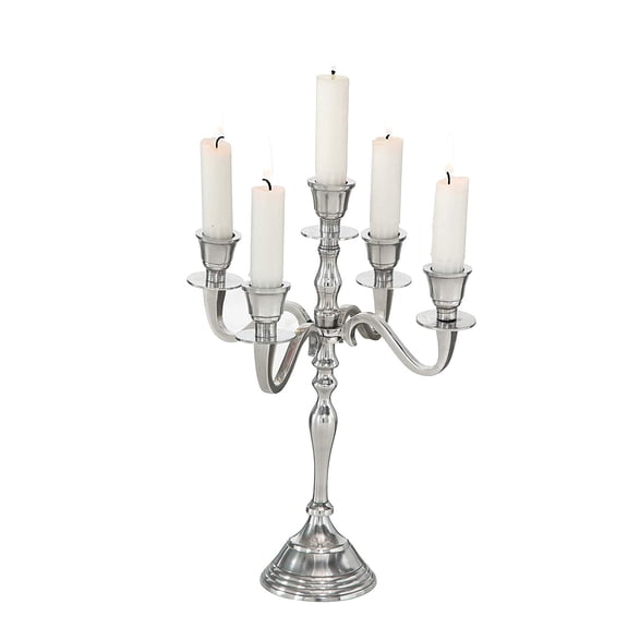 Romantic Hamptons Five Candle Silver Candelabra, Hand Crafted of Silver Aluminum Nickel, 11.75 Inches, 30 cm, Fits Standard Taper Candles