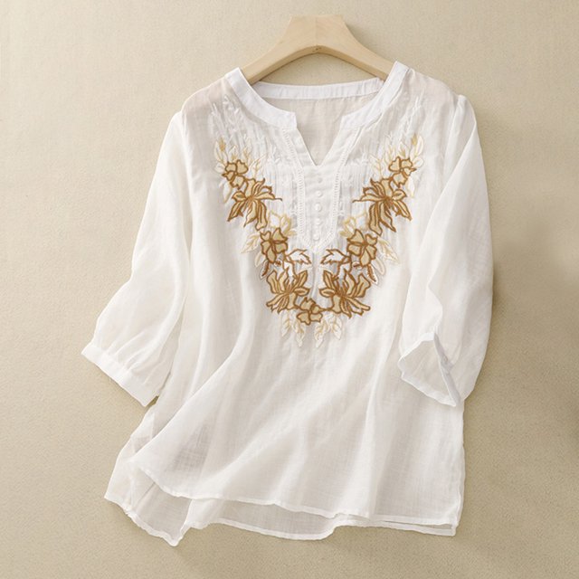 ICHUANYI Clearance Womens Printing Casual Loose Fashion T-ShirtFive Cent Sleeve Button Tops Cotton And Linen Blouse(White, L) ICHUANYI WER2023081002477