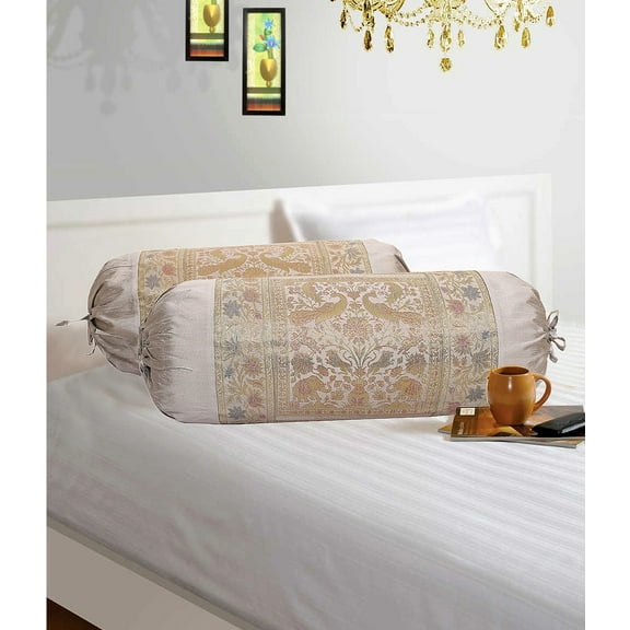 Stylo Culture Traditional Polydupion Cylindrical Tube Pillow Bolster Pillow Covers Grey Jacquard Brocade Border Elephant Large Couch Round Cylinder Cushion Covers (Set of 2) | 30x15 Inches (76x38 cm)