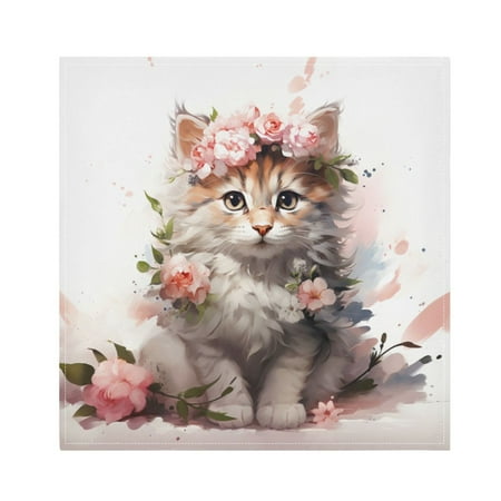 

JSTEL Cat Kitten Rose Flowers Cloth Napkins Set of 1 20x20 Inch Washable and Reusable Napkin for Decoupage Dinner Party Everyday Use