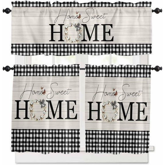 HOME Kitchen Curtains and Valances Set, Farmhouse Cotton Butterfly Rod Pocket Window Valance 18 Inch Black Plaid Wood Grain Window Curtain Panels for Living Room Bedroom Laundry, 27.5x24in, 3 Pieces