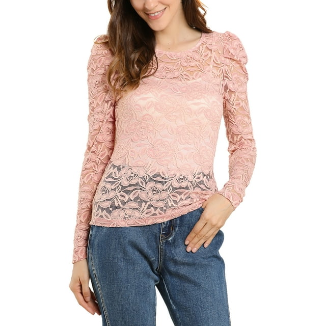 INSPIRAR CHIC Blusas de Encaje Floral Semitransparentes de Manga Larga con Volantes para Mujeres L Rosa