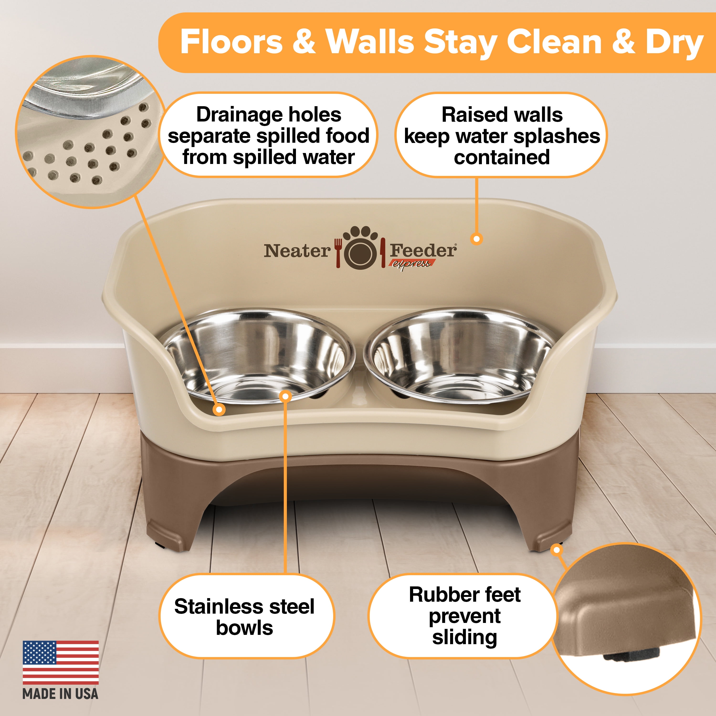 Neater Pets Neater Feeder Express Mess-Proof Elevated Food & Water Bowls for Medium to Large Dogs, Cappuccino