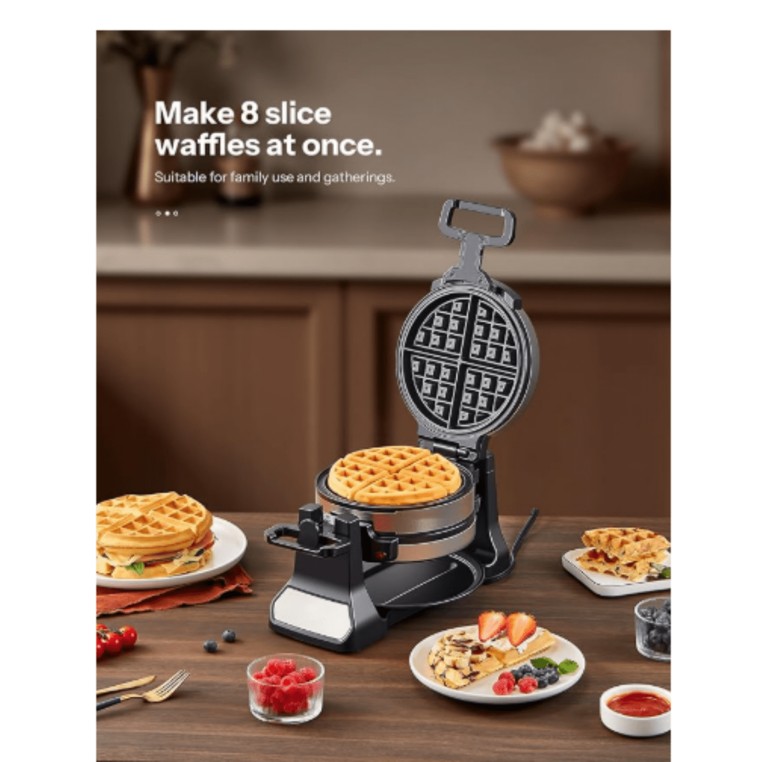 Belgian Waffle Maker, Classic Rotating Waffle Iron with Nonstick Plates, Removable Drip Tray and Cool Touch Handles, Double Flip Waffle, Rotating Belgium Waflera Maker by Yabano, Brushed Stainless
