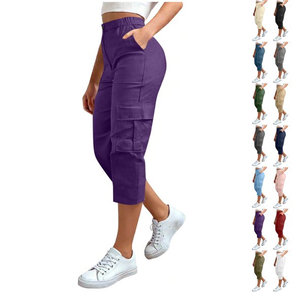 Danhjin Women Cargo Capri Pants Summer Casual Elastic High Waist Plus Size Pants with Multi Pockets Holiday Vacation Going out Hiking Camping Outfits, Available in S to 5XL