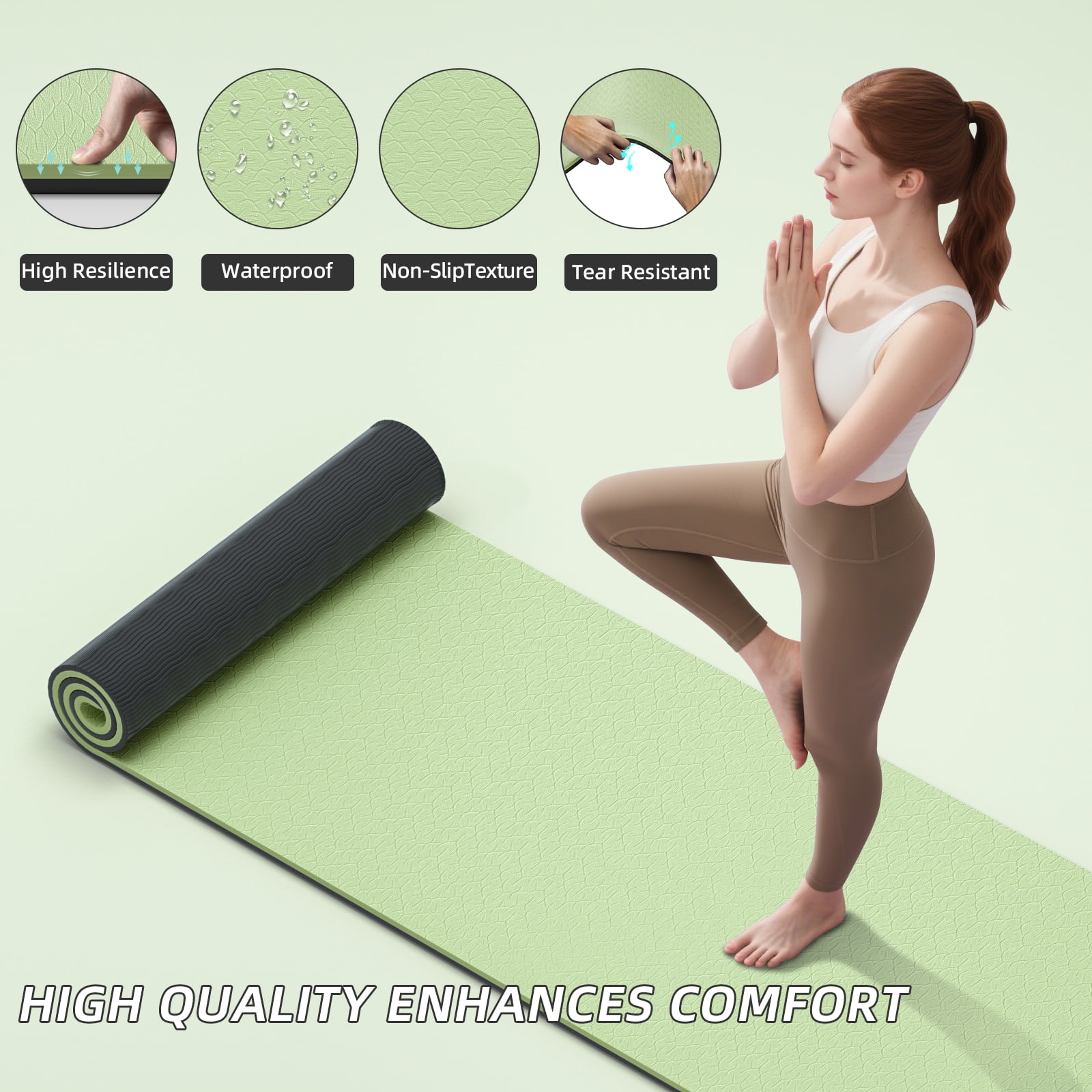 BAIMA Large Yoga Mat Thick Extra Wide and Long ,Roll-up Pilates Mats ,Eco TPE Double-Sided Exercise Pad with Carry Strap(Green+Black)