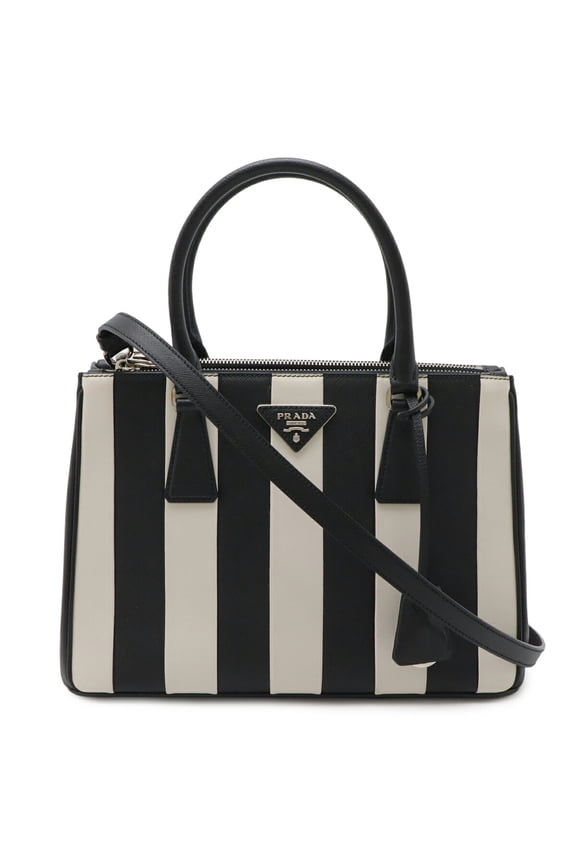 Pre-Owned PRADA Galleria Stripe Triangle Handbag, Saffiano Leather, NERO (Black/White),...