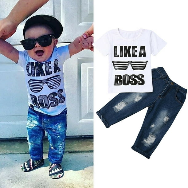 Toddler Baby Boy Funny Shirt Tops+Ripped Jeans Pants 2PCS Outfits 