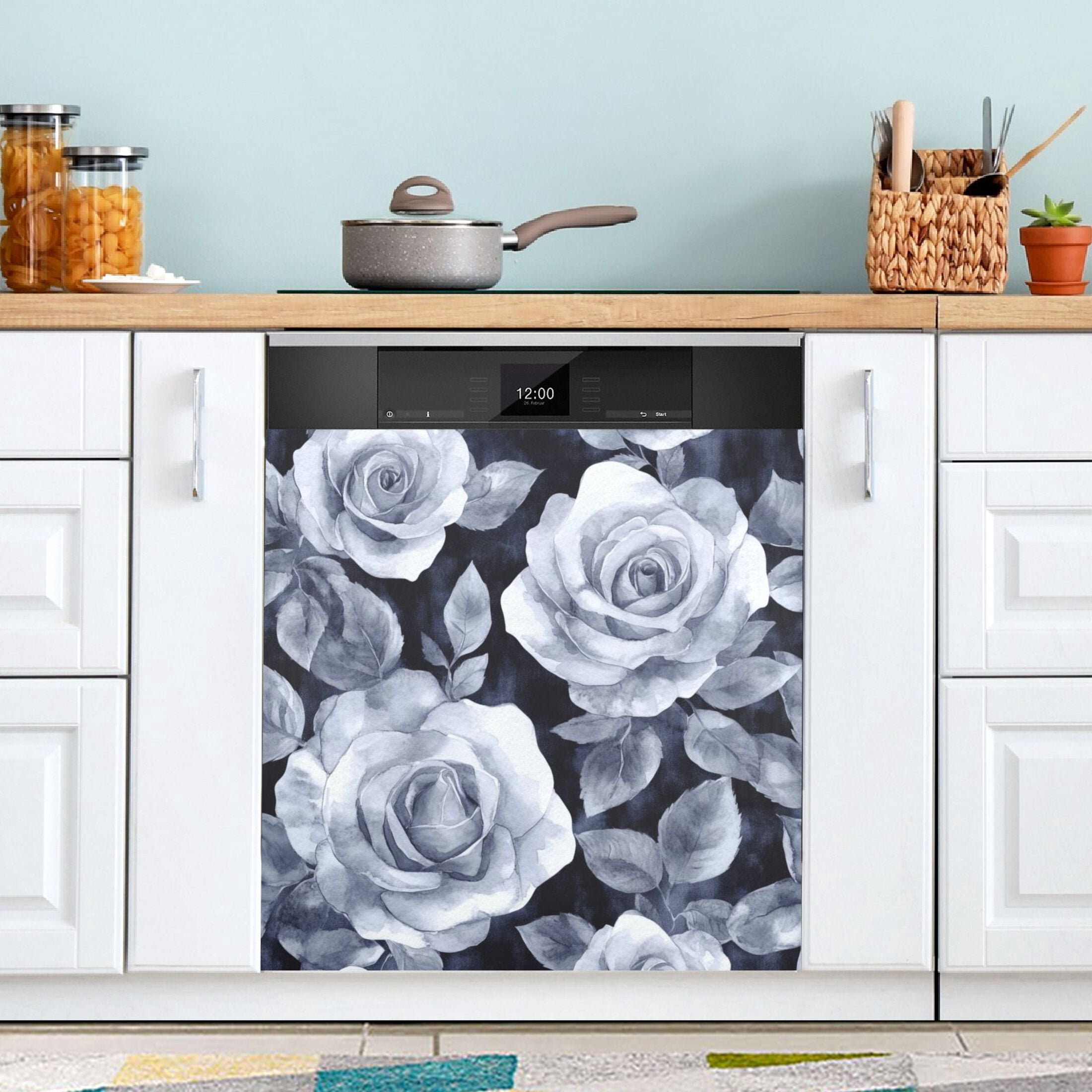Dishwasher Magnetic Sticker 23x26 Inch Refrigerator Magnetic Sticker Washing Machine Magnetic Sticker Kitchen Panel Magnetic Sticker Home Decor Cartoon Gray Roses Seamless