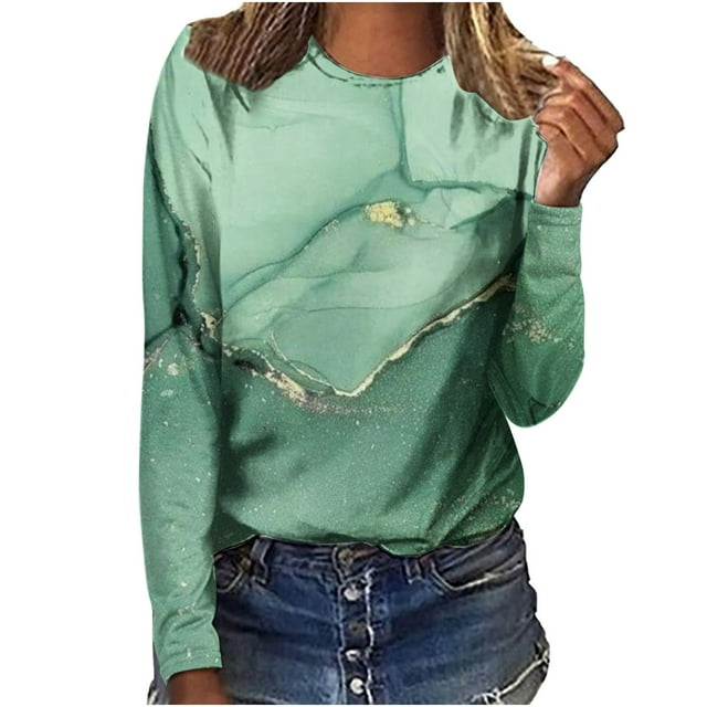 Pompotops Femmes Dames Col Rond Hauts Amples Décontractés T-Shirts Imprimés Blouse à Manches Longues en Solde