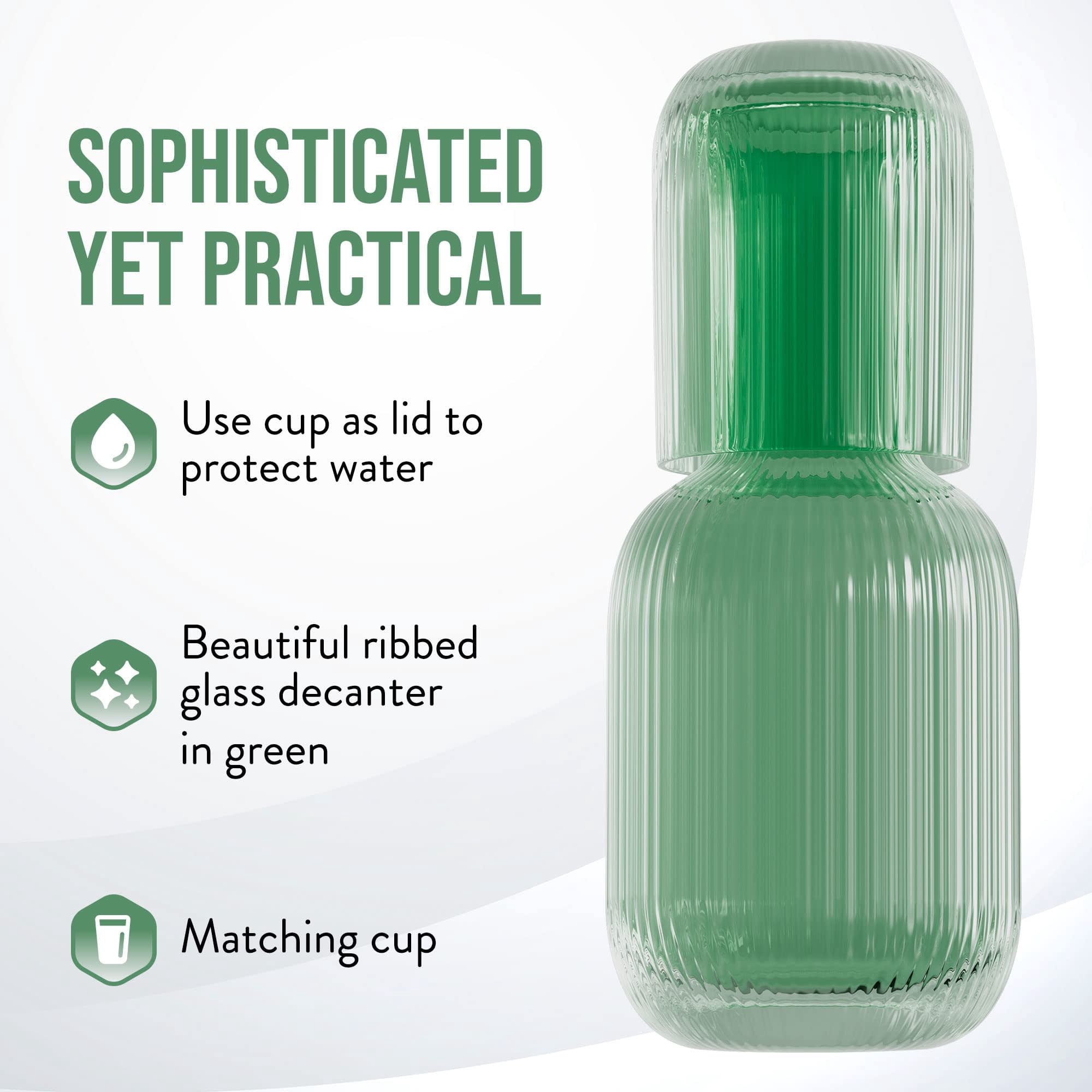 American Atelier 28 oz Bedside Water Carafe with Tumbler – 9" Ribbed Glass Pitcher with Cup Lid for Nightstand, Guest Room, Office, Bathroom, Stylish & Functional Drinkware (Green)