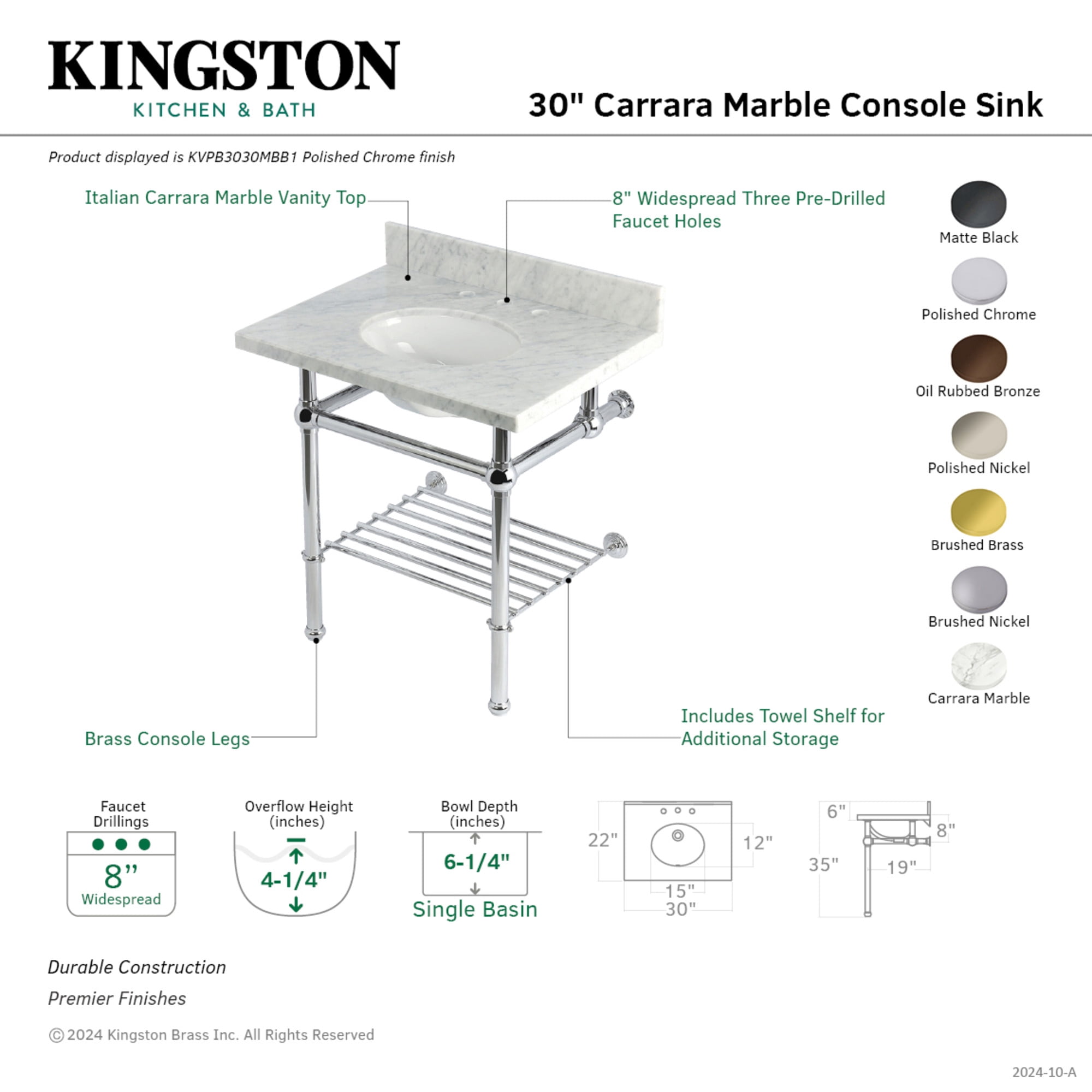 Kingston Brass KVPB3030MBB5 Templeton 30" Rectangular Brass, Marble Console Bathroom Sink