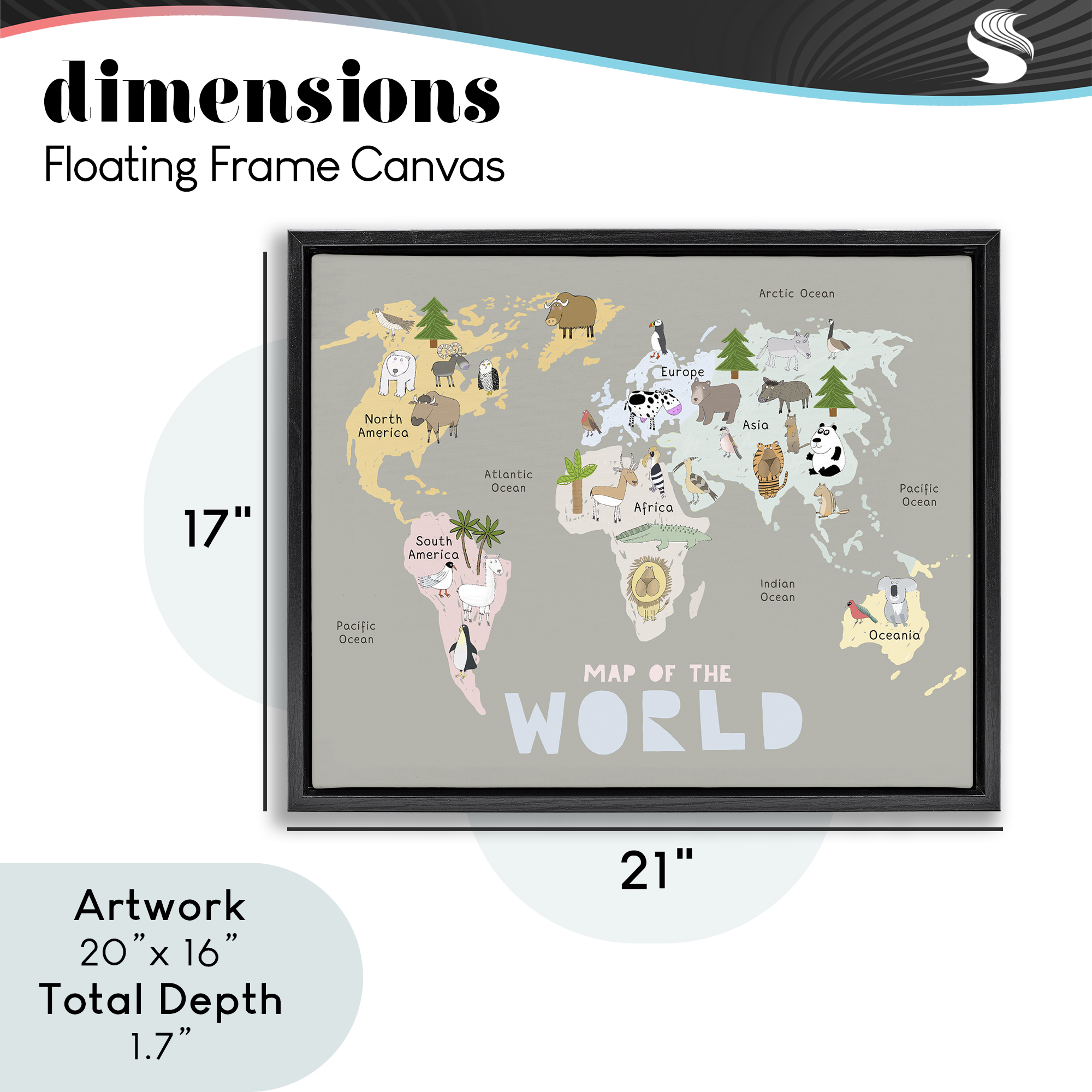 Kid's Map Of World Grey Black Framed Floater Canvas Wall Art, design by Carla Daly