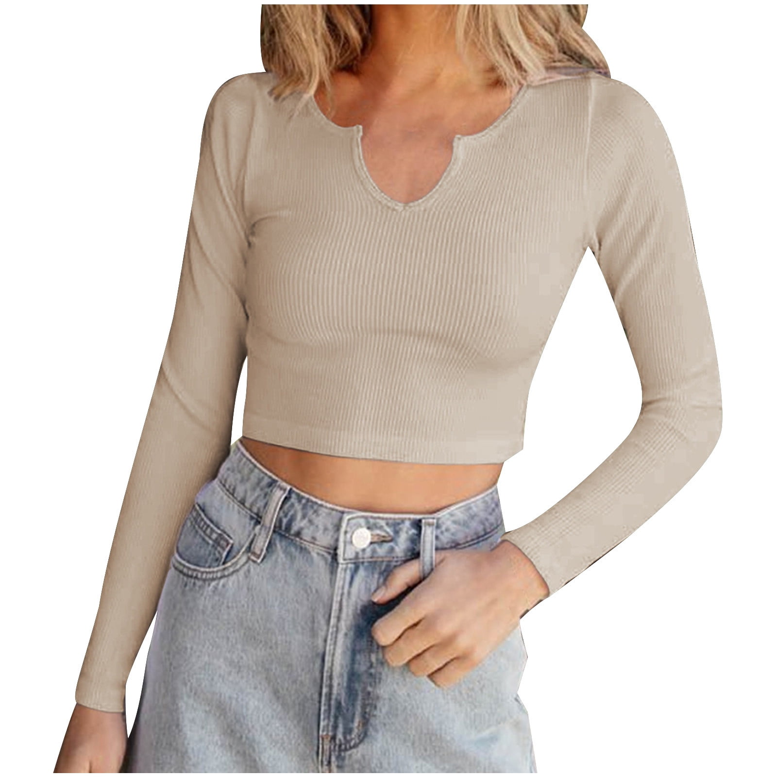 AherBiu Crop Tops pour Femmes Manches Longues Hauts Côtelés Col en V Extensible Basique Tee Shirts