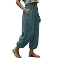 thumbnail image 5 of aohooy Women Casual Lightweight Drawstring Elastic Waist Pants Flowy Palazzo Trousers with Pockets Cotton Summer Vacation Pant Blue,M, 5 of 7