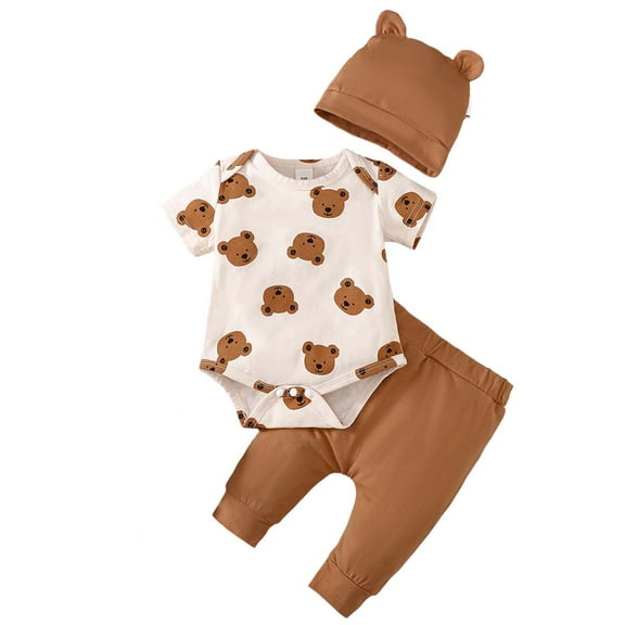 Kucnuzki 3 Months Newborn Baby Boy Spring Summer Outfits Pants Sets 6 Months Short Sleeve Cute Bear Prints Romper Elastic Pants Hat Socks 4PCS Set Khaki