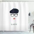 thumbnail image 1 of Lips Shower Curtain, Minimal Design French Woman Wearing Glasses and Beret Outfit Cute Elements, Fabric Bathroom Set with Hooks, 69"W X 75"L Long, Salmon Black and White, by Ambesonne, 1 of 3