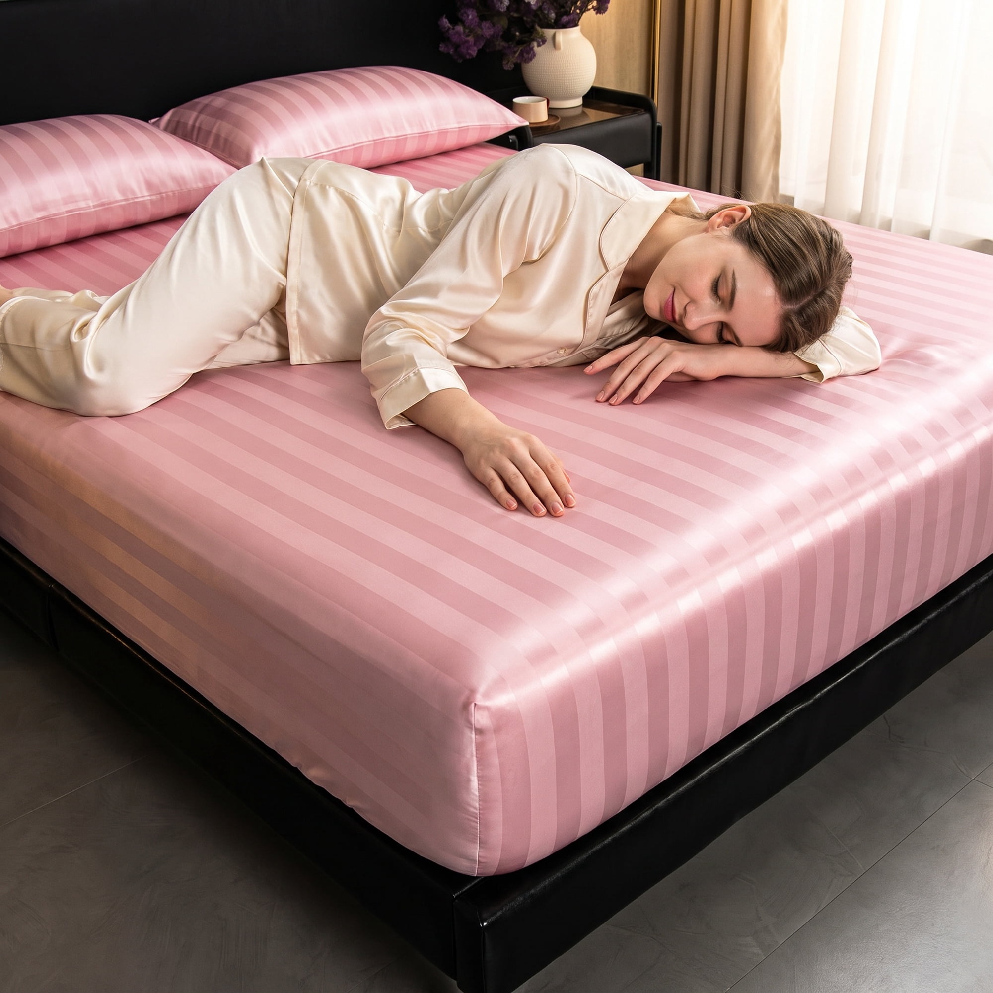 Unique Bargains Fitted Polyester Satin Strip Bed Sheets Wear Resistant 53.9"x74.8" Pink