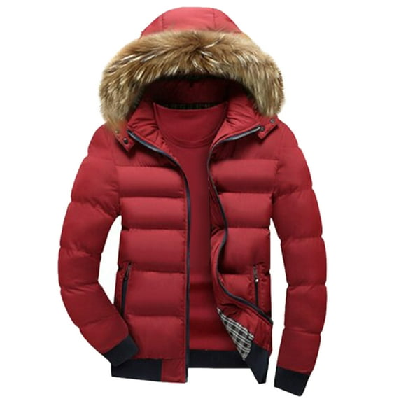 Penkiiy Down Jackets for Men Men's Hooded Collar Winter Casual Padded Cotton Jacket Red Coats