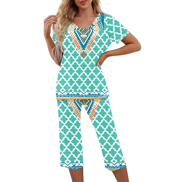 Pantalones de Mujer Traje de Ocio de Manga Corta con Cuello en V Y Pantalones Recortados Set de Impresión para Casual Y Deporte