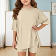 thumbnail image 4 of KVPLBQFD Girls 2 Piece Summer Outfits Kids Oversized Side Split Short Sleeve Shirts Matching Biker Shorts Lounge Set Indoor Lightweight Teen Girl Clothes, 4 of 6