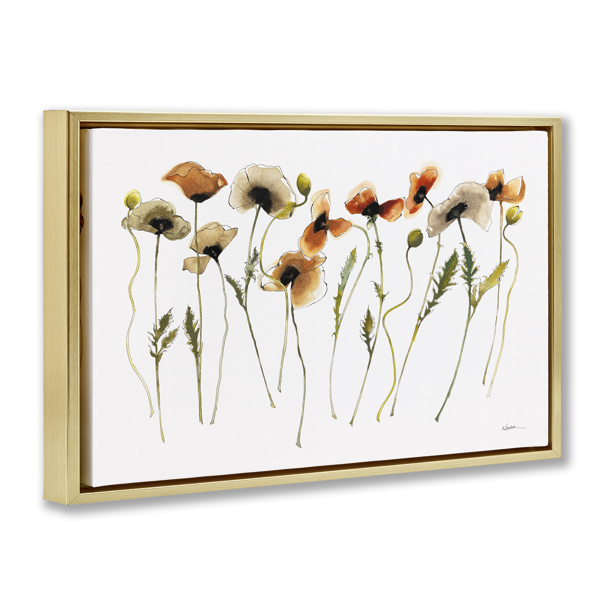 Stupell Industries Autumn Poppy Sprigs Botanical & Floral Painting Gold Floater Framed Art Print Wall Art, 31 x 21