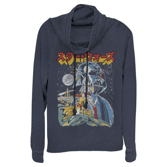 Junior's Star Wars Retro Darth Vader Kanji Poster  Cowl Neck Sweatshirt Navy Blue 3X Large