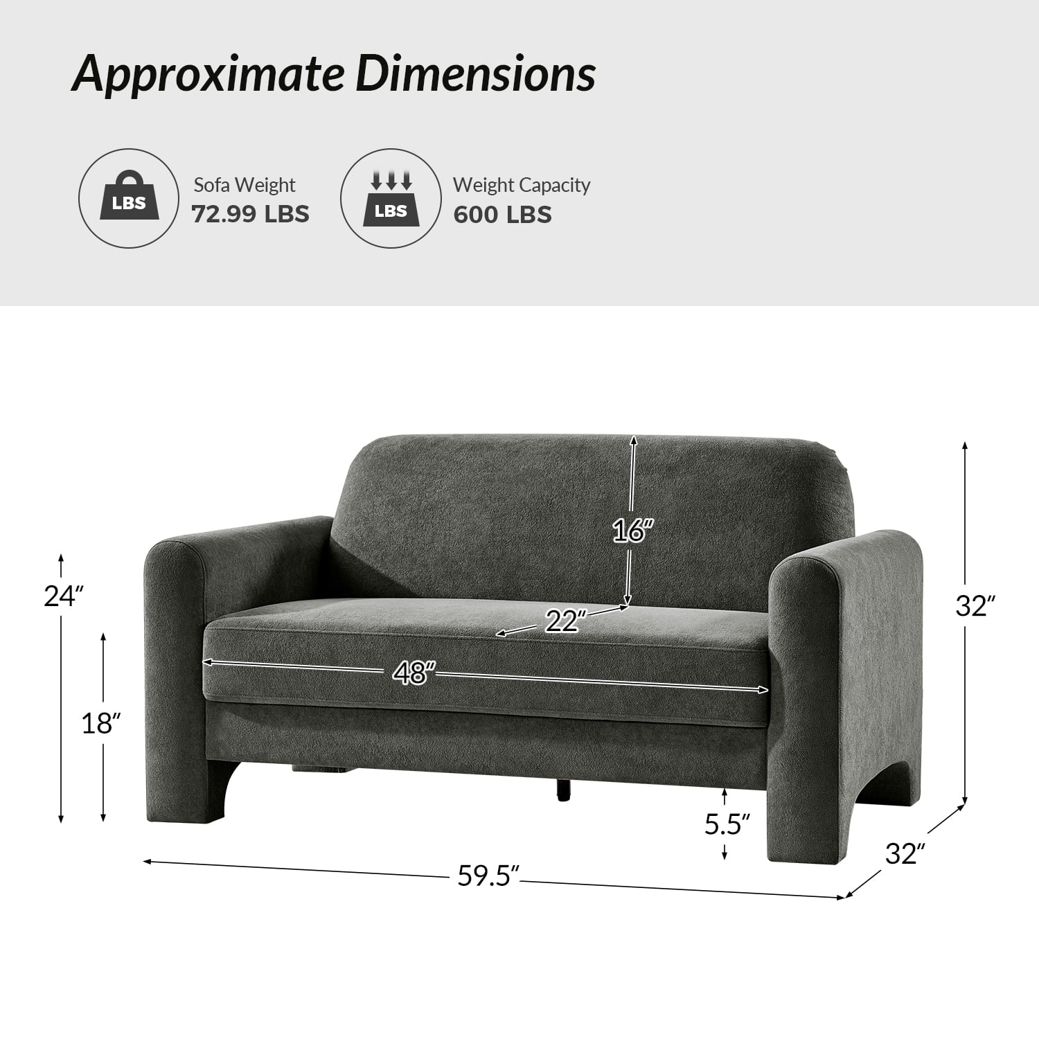 59" Modern Loveseat Sofa Chenille Fabric 2-Seater Couch with Curved Design for Small Space Living Room Gray