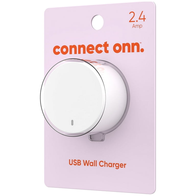 onn. 2.4A USB Wall Charger, Black, Travel friendly plug folds for  easy,Simply plug your USB device into our USB Charger
