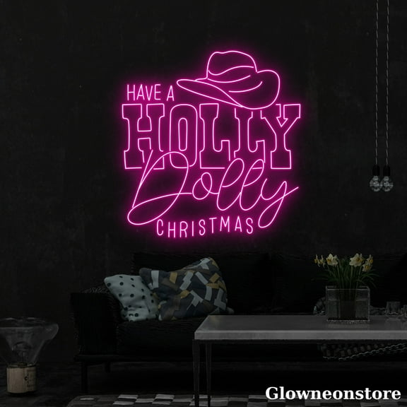Glowneon Have A Holly Dolly Christmas Neon Sign, Holly Dolly Xmas Led Sign, Howdy Hat LED Light